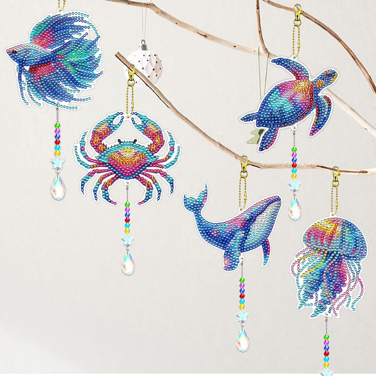 JeCuiK 6 Pcs Ocean Diamond Art Kits for Adults Diamond Painting Wind Chimes Sea Animal Diamonds Painting Suncatcher Double Sided Small Diamond Painting Kits Best Gifts for Mom JeCuiK