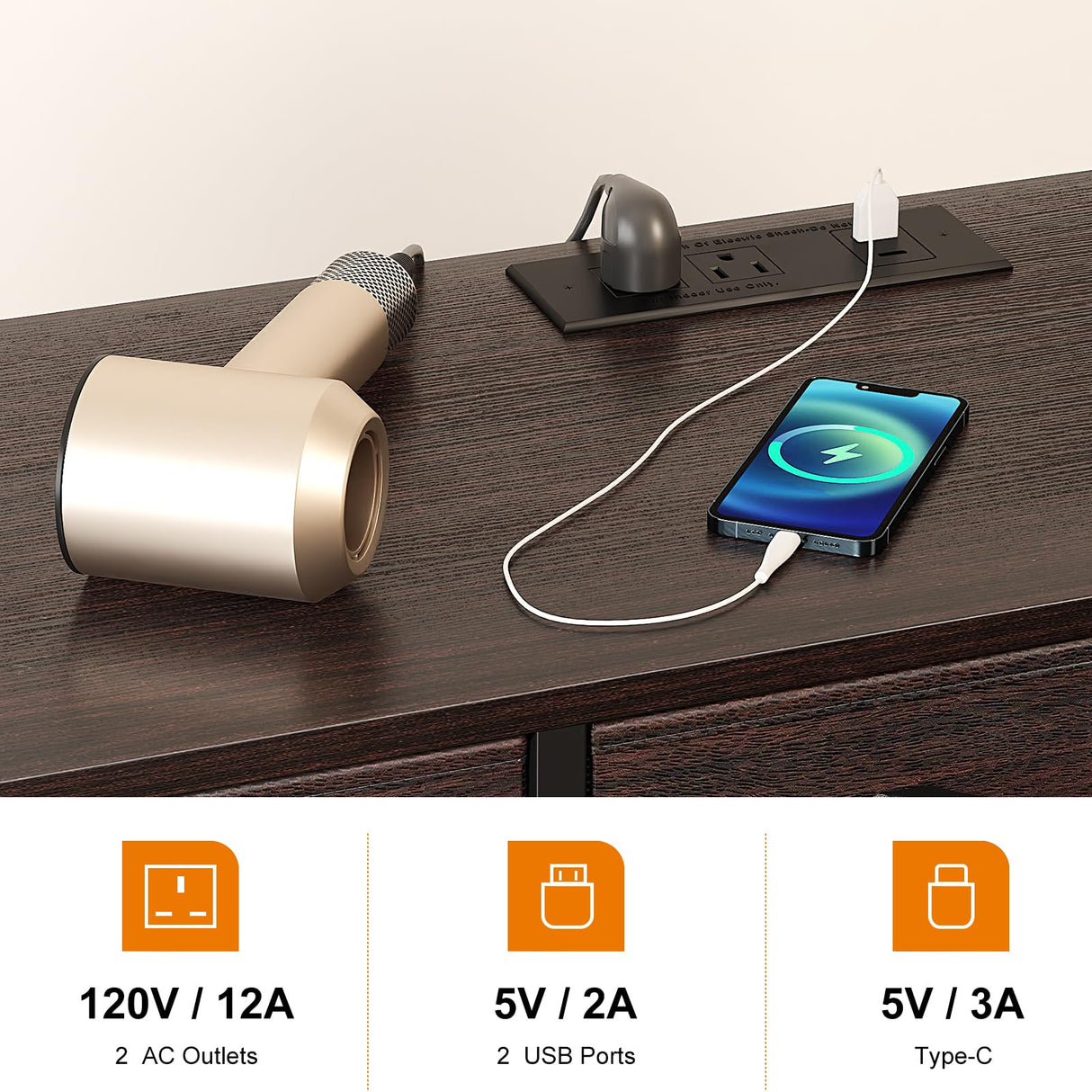 REAHOME Dresser for Bedroom with Charging Station and LED Light, 67" Rotatable Vanity Desk with LED Light and Side Pockets, Makeup Table with 10 Fabric Drawers, Modern Home Office Desks, Brown REAHOME