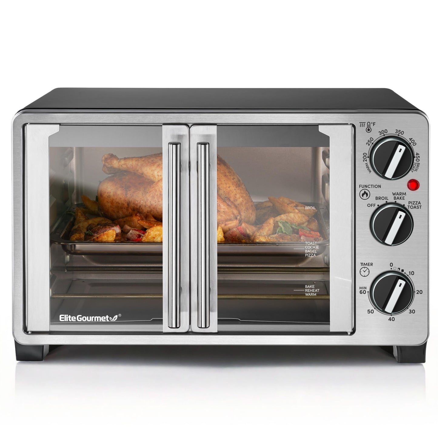 Elite Gourmet ETO2530M Double French Door Countertop Toaster Oven, Bake, Broil, Toast, Keep Warm, Fits 12" pizza, 25L capacity, Stainless Steel & Black