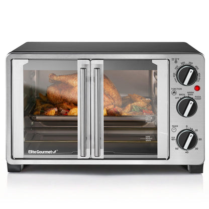 Elite Gourmet ETO2530M Double French Door Countertop Toaster Oven, Bake, Broil, Toast, Keep Warm, Fits 12" pizza, 25L capacity, Stainless Steel & Black