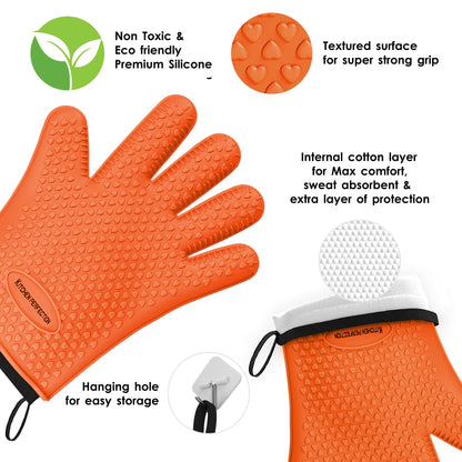 KITCHEN PERFECTION Silicone Smoker Oven Gloves -Extreme Heat Resistant BBQ Gloves -Handle Hot Food Right on Your Grill Fryer Pit|Waterproof Oven Mitts |Superior Value Set+3 Bonuses