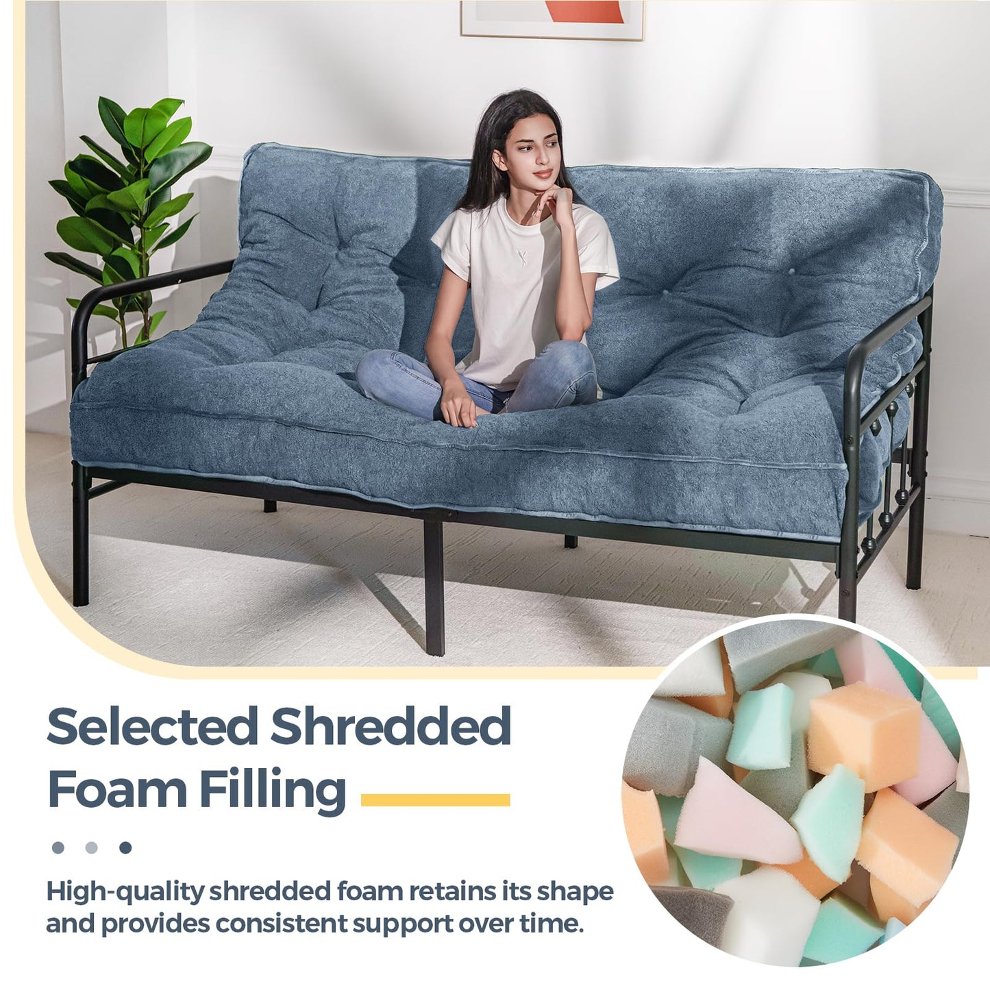 MAXYOYO 6" Futon Mattress Full Size, Thick Boucle Futons Sofa Couch Bed Sleeper Sofa Bed Floor Mattress for Adults, Shredded Foam Filling (Frame Not Included), Dustyblue