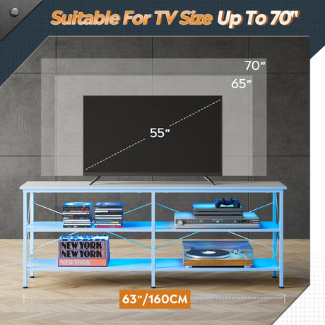 WLIVE TV Stand up to 70 Inch TV, 63" Entertainment Center with LED, TV Media Console with 3-Tier Storage Shelves for Living Room and Bedroom, White WLIVE