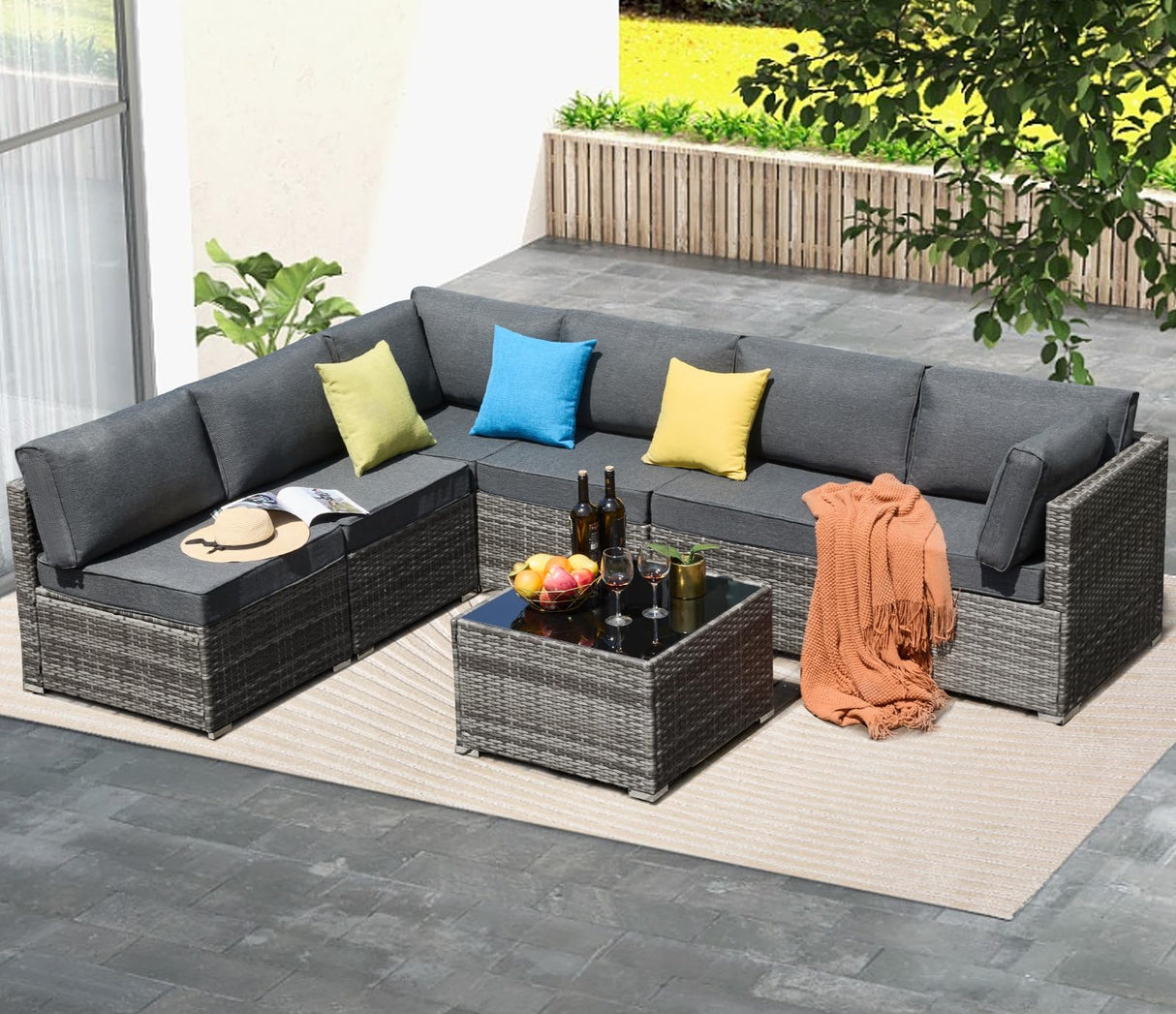 Yalissey 7 Pieces Outdoor Sectional Furniture, Patio Furniture Sets w/Cushions and Coffee Table, All Weather Wicker Outdoor Patio Conversation Sets for Garden,Poolside,Backyard,Grey Yalissey