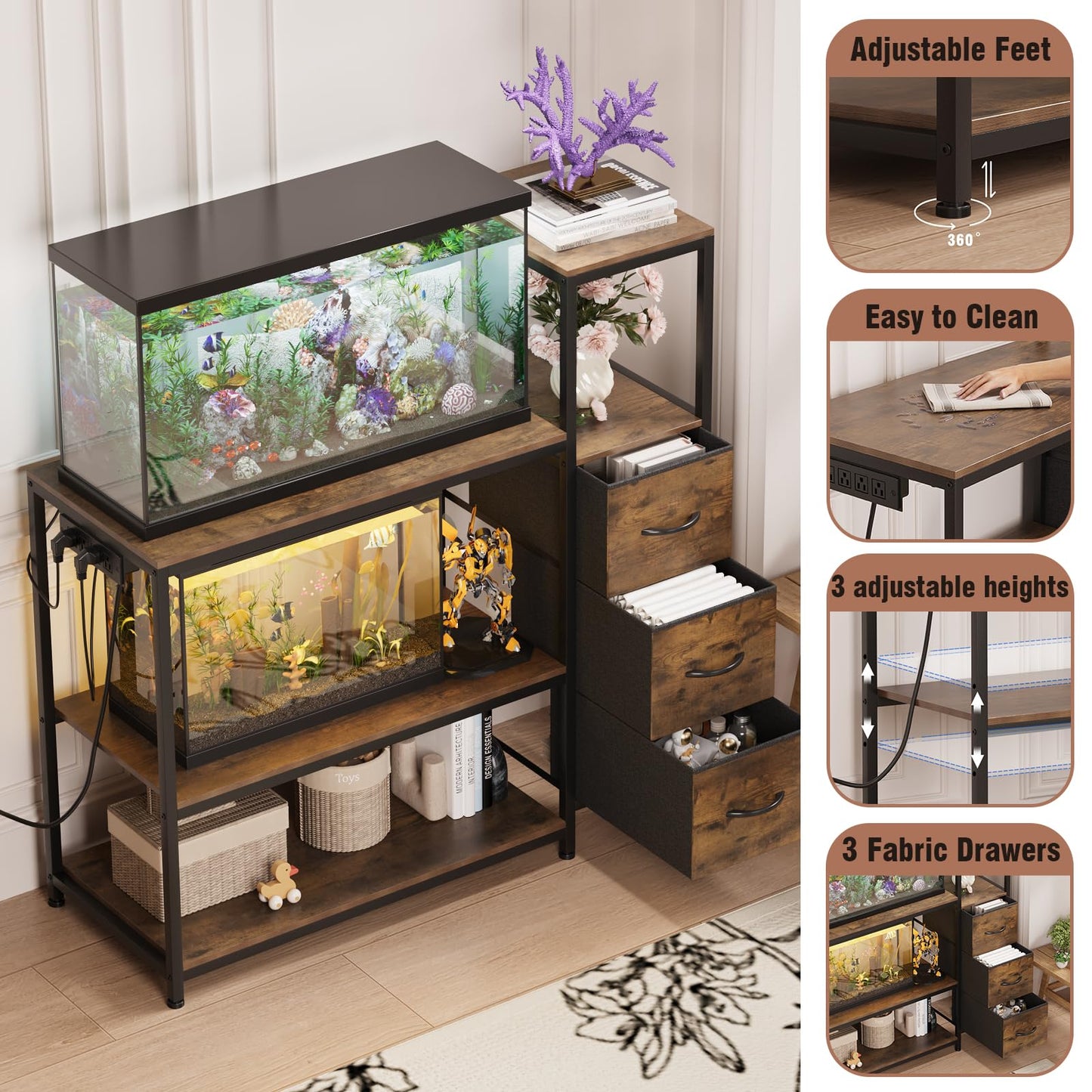 Welfuturer 20 Gallon Aquarium Stand with Power Outlets Rustic Fish Tank Stand with 3 Drawers Metal Frame Heavy Duty Reptile Tank Stand with 3-Tier Storage Shelves for Home Office, Brown