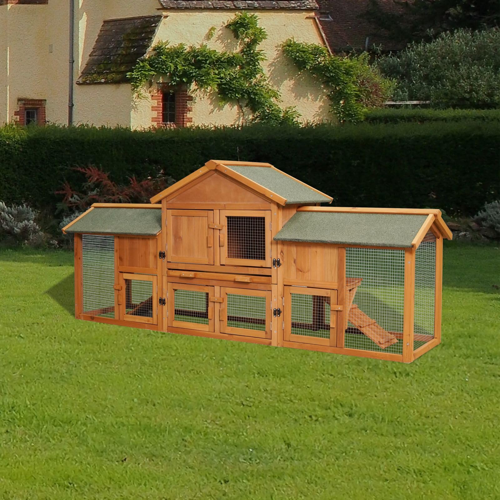 Chicken Coops Large 2-Tier Wooden Chicken House Outdoor Double Door Poultry Hen Cage Backyard Rabbit Hutch Pen with Removable Tray and 2 Runs 79.5 x 33.66 x 20.66 inches - WoodArtSupply