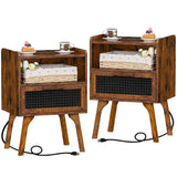 Lerliuo Rattan Nightstands Set of 2 with Charging Station, Boho Side Table with Drawer Open Shelf, Cane Accent Bedside End Table with Solid Wood Legs for Bedroom, Dorm and Small Spaces (Brown) Lerliuo