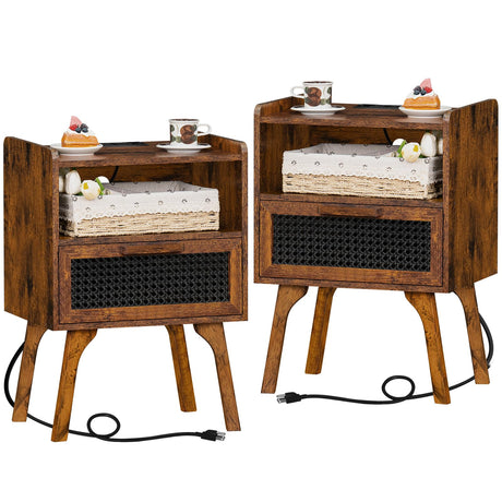Lerliuo Rattan Nightstands Set of 2 with Charging Station, Boho Side Table with Drawer Open Shelf, Cane Accent Bedside End Table with Solid Wood Legs for Bedroom, Dorm and Small Spaces (Brown) Lerliuo
