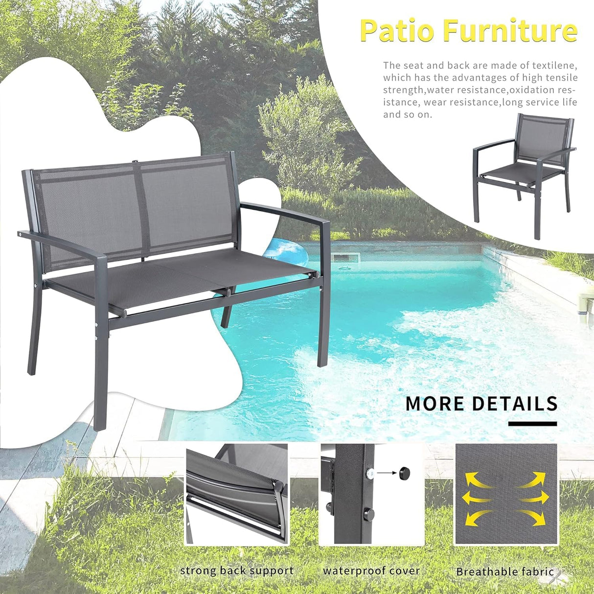 Shintenchi 4 Pieces Patio Furniture Set All Weather Textile Fabric Outdoor Conversation Set, with Glass Coffee Table, Loveseat, 2 Single Chairs for Home, Garden, Lawn, Porch（Gray） Shintenchi