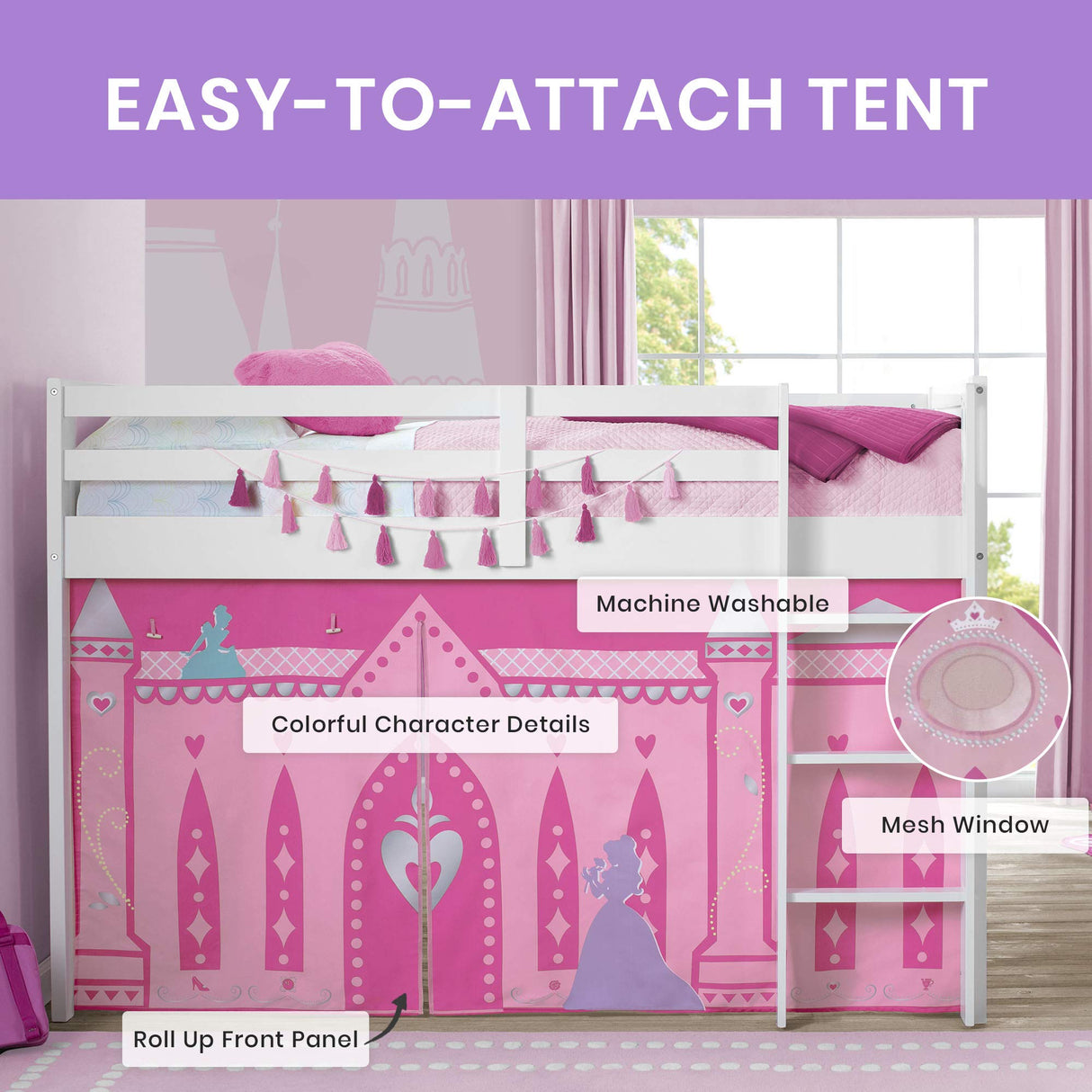 Delta Children Loft Bed Tent Curtain Set for Low Twin, Disney Princess Delta Children
