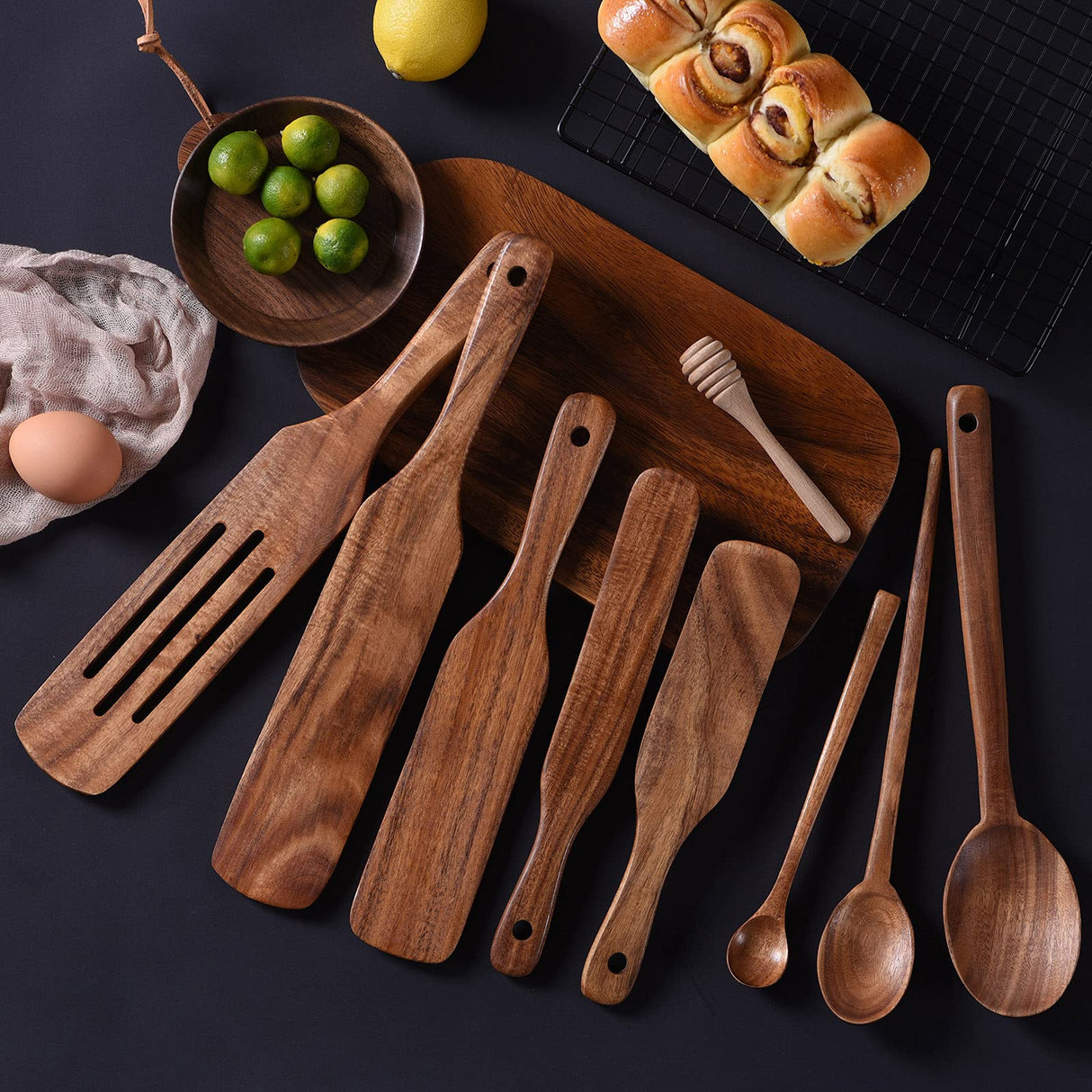 Spurtle Set,Wooden Spurtle Set of 9,Wooden Spoons for Cooking, Natural Teak Wooden Utensils for Cooking, Stirring, Mixing, Serving,Spurtles Kitchen Tools As Seen On Tv Gudamaye