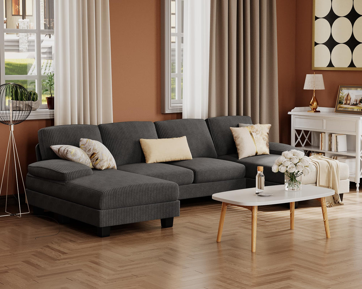 Furmax Sectional Couches for Living Room, U-Shaped Sofa Couch with Linen Fabric, 4 Seat Sofa Set with Double Chaise for Apartment (Corduroy, Dark Grey) Furmax
