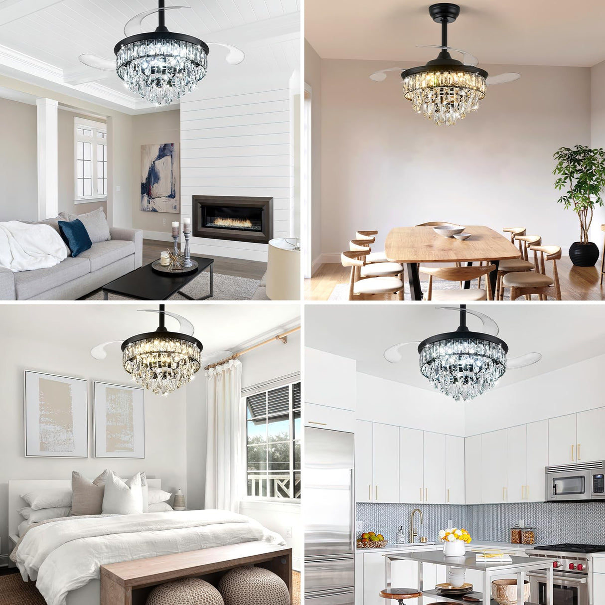 LEONTYNE 36 inch Fandelier Ceiling Fan with Light and Remote LED Dimmable Crystal Ceiling Fan 3 Blades 6 Speeds Invisible Retractable Ceiling Fan for Bedroom Living Room Dining Room (Black) LEONTYNE