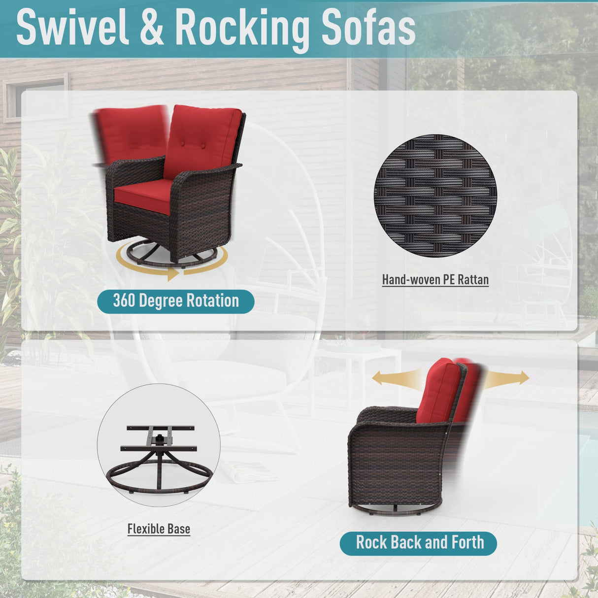 ALAULM 10 Pieces Patio Furniture Set with 2 Swivel Chairs Wicker Patio Conversation Set, Outdoor Sectional Furniture w/Coffee Table & Washable Seat Cushions-Red ALAULM