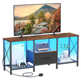 JARHETUN LED TV Stand with Fabric Drawer, Entertainment Center for 50 55 Inch TV, Industrial TV Console Table with Open Storage Shelves for Living Room, Bedroom, Rustic Brown JARHETUN