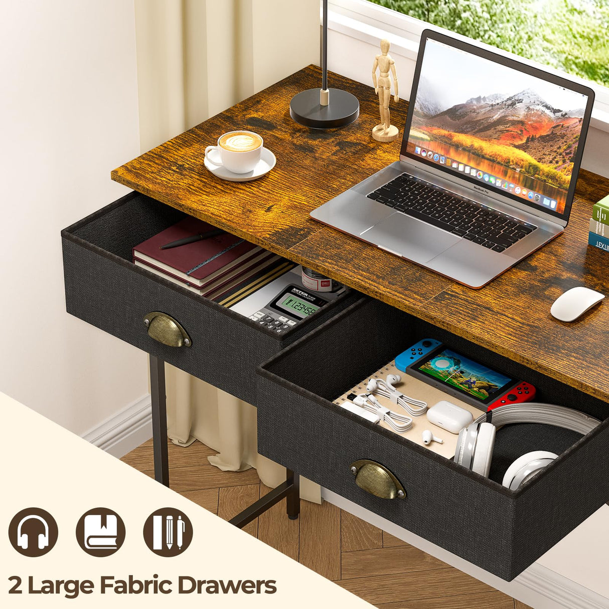 DAOUTIME Small Writing Desk for Kids Bedroom, 31.5 Inch Computer Desk for Small Spaces, Simple Desk with 2 Fabric Drawers for Home Office, Dorm, Living Room, Home Study Table, Rustic Brown DAOUTIME