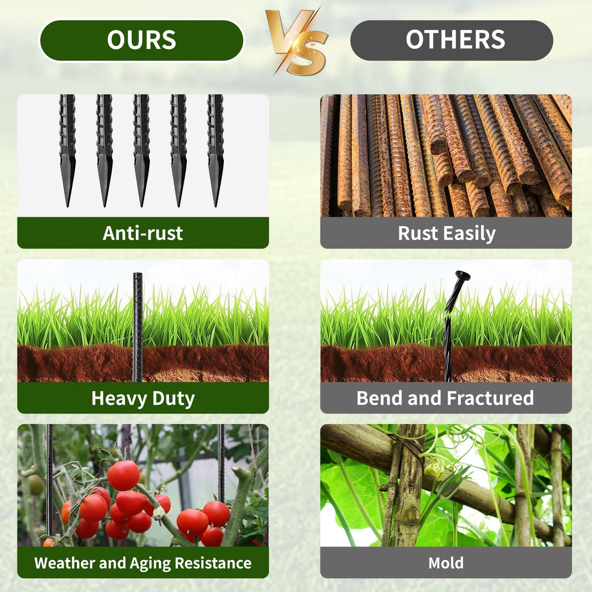 Besitu 16 inches Ground Rebar Stakes (16 pcs) Heavy Duty Metal Spikes for Concrete Timber Garden Plant, Long Straight Steel Stakes for Tent, 3/8" Thickness Ground Anchors with Chisel Point End, Black Besitu