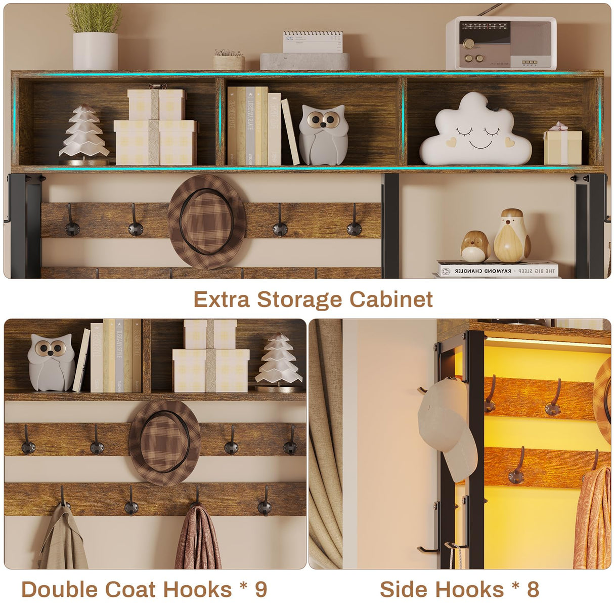 Itaar Hall Tree with Bench and Shoe Storage, 7-in-1 Entryway Bench with Coat Rack, 3 Storage Cubbies, 3 Storage Shelves, 17 Coat Hooks, 2 Fabric Drawers (Rustic Brown) Itaar