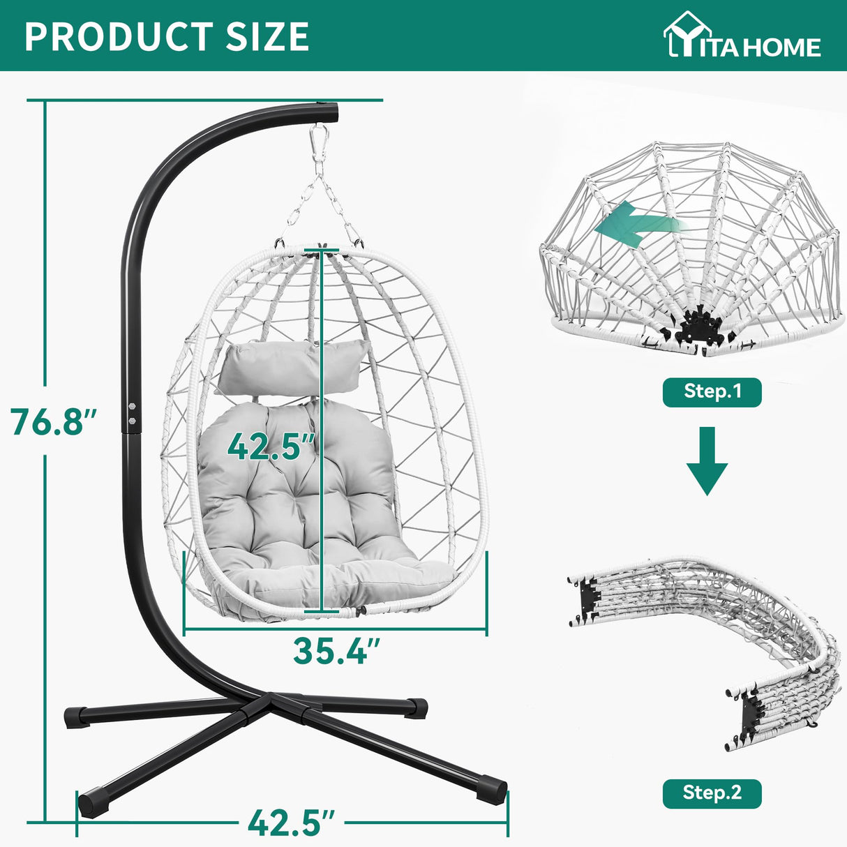 YITAHOME Hanging Egg Chair with Stand Swing Chair Wicker Indoor Outdoor Hammock Egg Chair with Cushions 330lbs for Patio, Bedroom, Garden and Balcony, Single, Light Gray YITAHOME