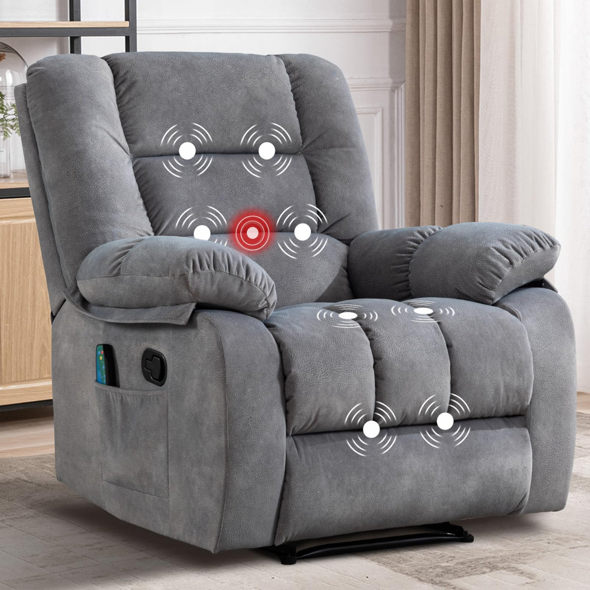 IOMOR Manual Recliner Chair with Heat and Massage, Ergonomic Overstuffed Breathable Fabric Reclining Chairs, Single Sofa Chair with Side Pockets for Living Room Home Theater (Light Gray) IOMOR