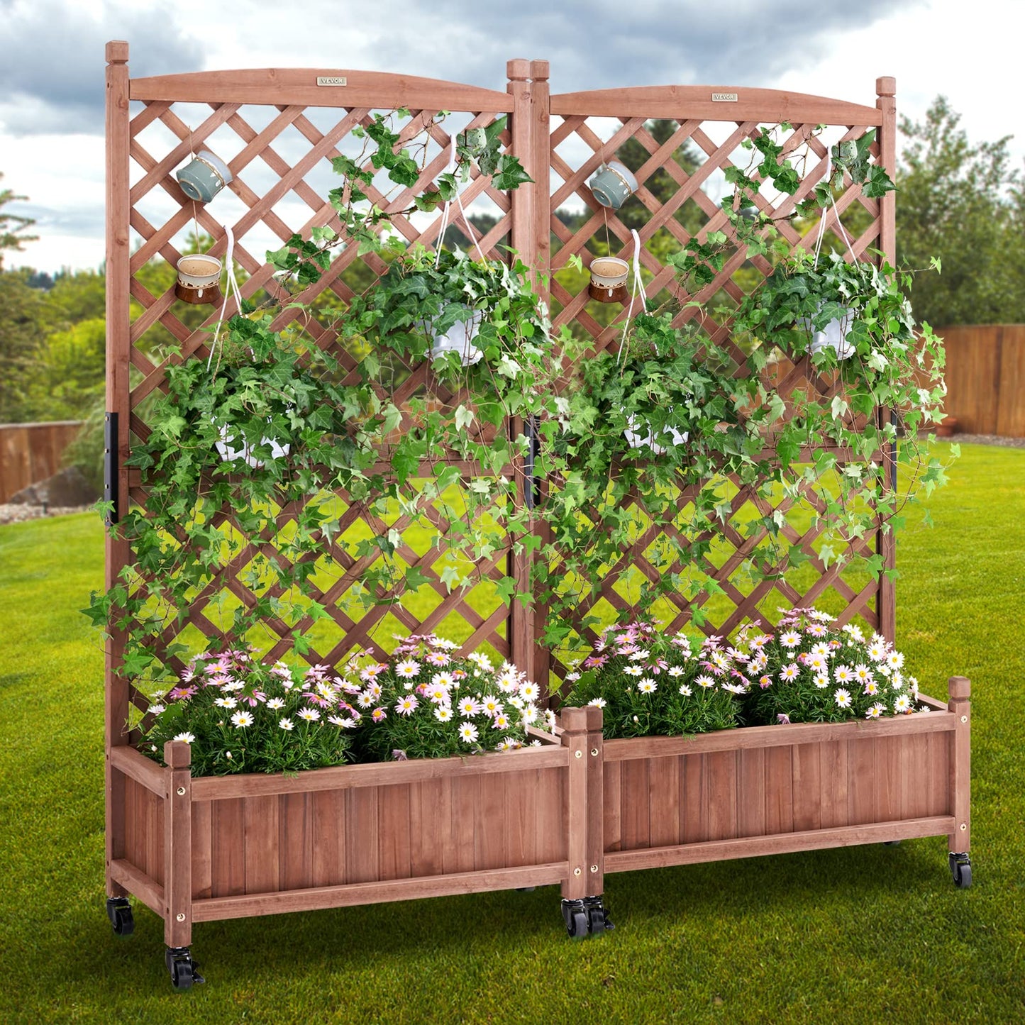 VEVOR 2PCS Wood Planter with Trellis, 60"x13"x61.4" Outdoor Raised Garden Bed with Drainage Holes, Free-Standing Trellis Planter Box for Vine Climbing Plants Flowers in Garden, Patio, Balcony