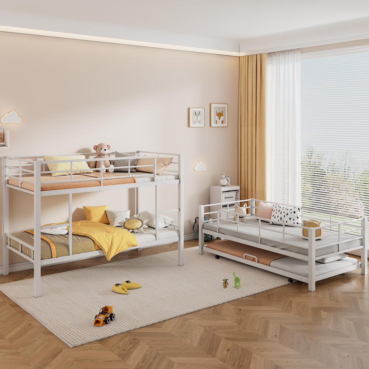 Harper & Bright Designs Metal Triple Bunk Bed with Trundle, Quad Bunk Beds Twin Over Twin, 3 Bunk Beds with 2 Ladders & Guardrails, Convertible Heavy Duty Steel Frame for Bedroom, Dorm, White Harper & Bright Designs