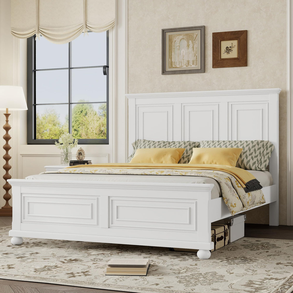 Duxelifin King Size Platform Beds for Bedroom, Tall Headboard King Bed Frame with Footboard, Pinewood Antique Bed Frame, Farmhouse Style, Noise-Free, No Box Spring Needed, White Duxelifin
