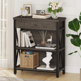 FATORRI Rustic Bookshelf with Drawer, Industrial Wood and Metal Bookcase, Small Book Shelf and Low Book case for Small Space (Walnut Brown) FATORRI