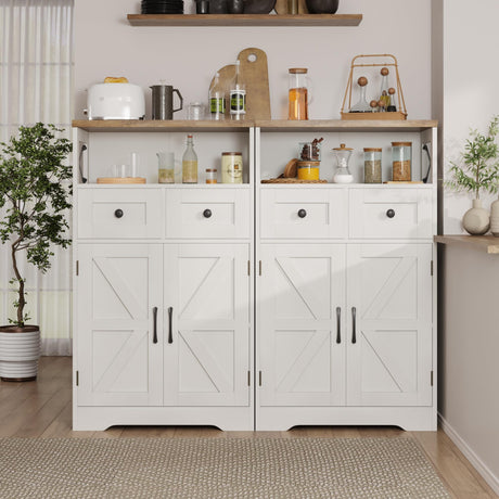 Farmhouse Storage Cabinet with Barn Doors and Shelves, Farmhouse Kitchen Pantry Storage Cabinet, Small Tall Coffee Bar Cabinet with Storage, Hutch Cupboard for Kitchen, Laundry, Living Room,White FiveWillowise