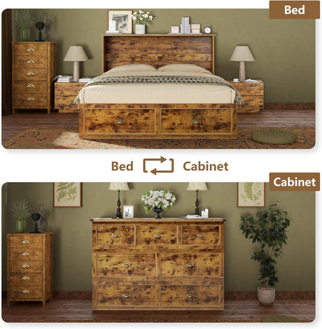AMERLIFE Farmhouse Murphy Bed, Full Size Wooden Cabinet with Charging Station and Storage Drawer for Bedroom/Office/Guest Room, Rustic Brown AMERLIFE