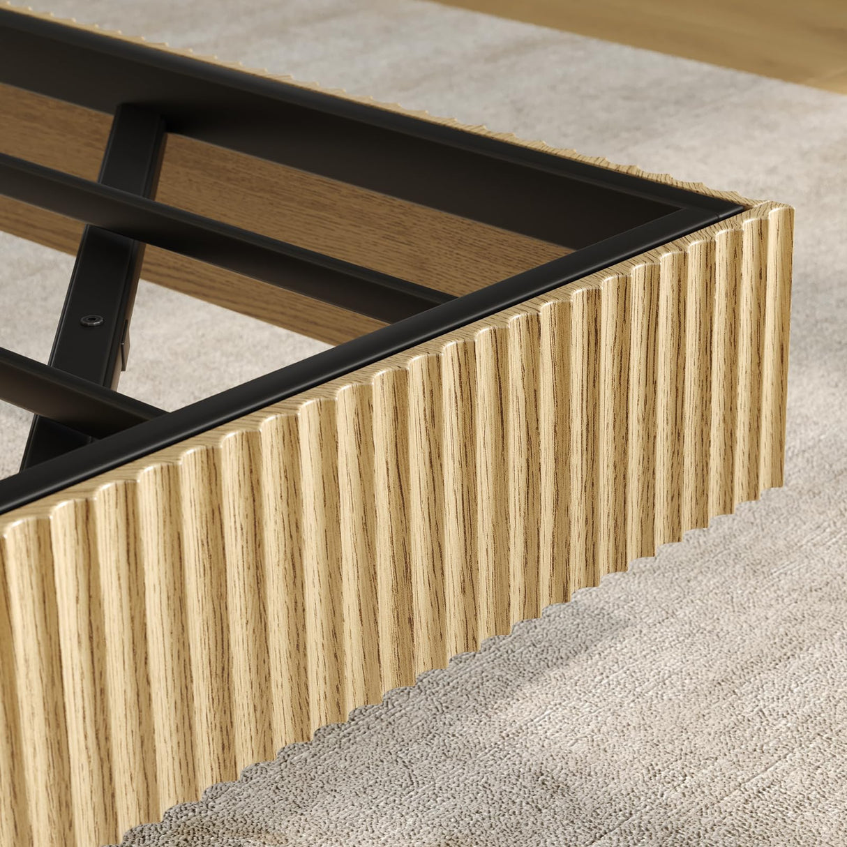 Tatub Natural King Floating Bed Frame with LED Lights, Modern Fluted Oak Platform Bed Frame Floating, Heavy Duty Metal Slats, No Box Spring Required Tatub