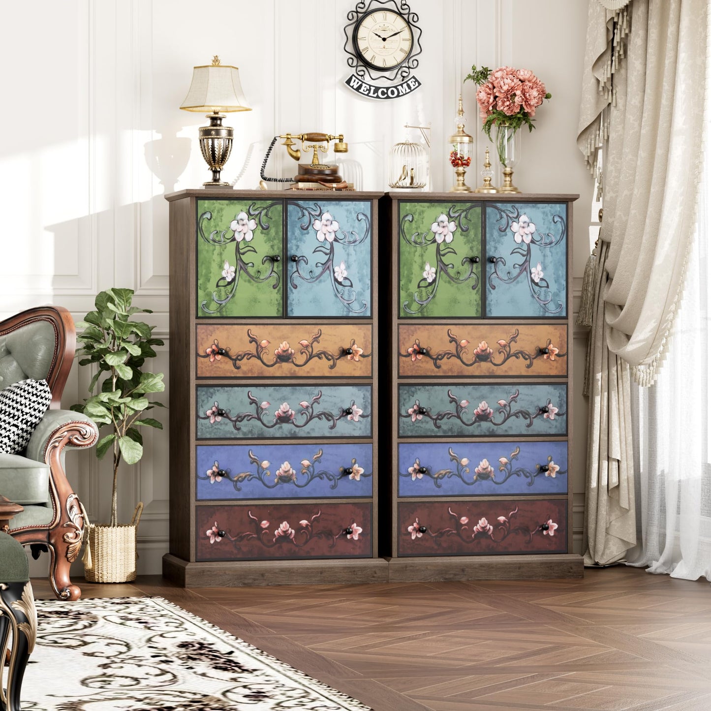 finetones 50’’ Tall Dresser, Boho Dresser Vintage Dresser with 4 Drawers and 2 Doors, Wood Dresser Chests of Drawers for Home, 16.1D x 23.6W x 50H Inch