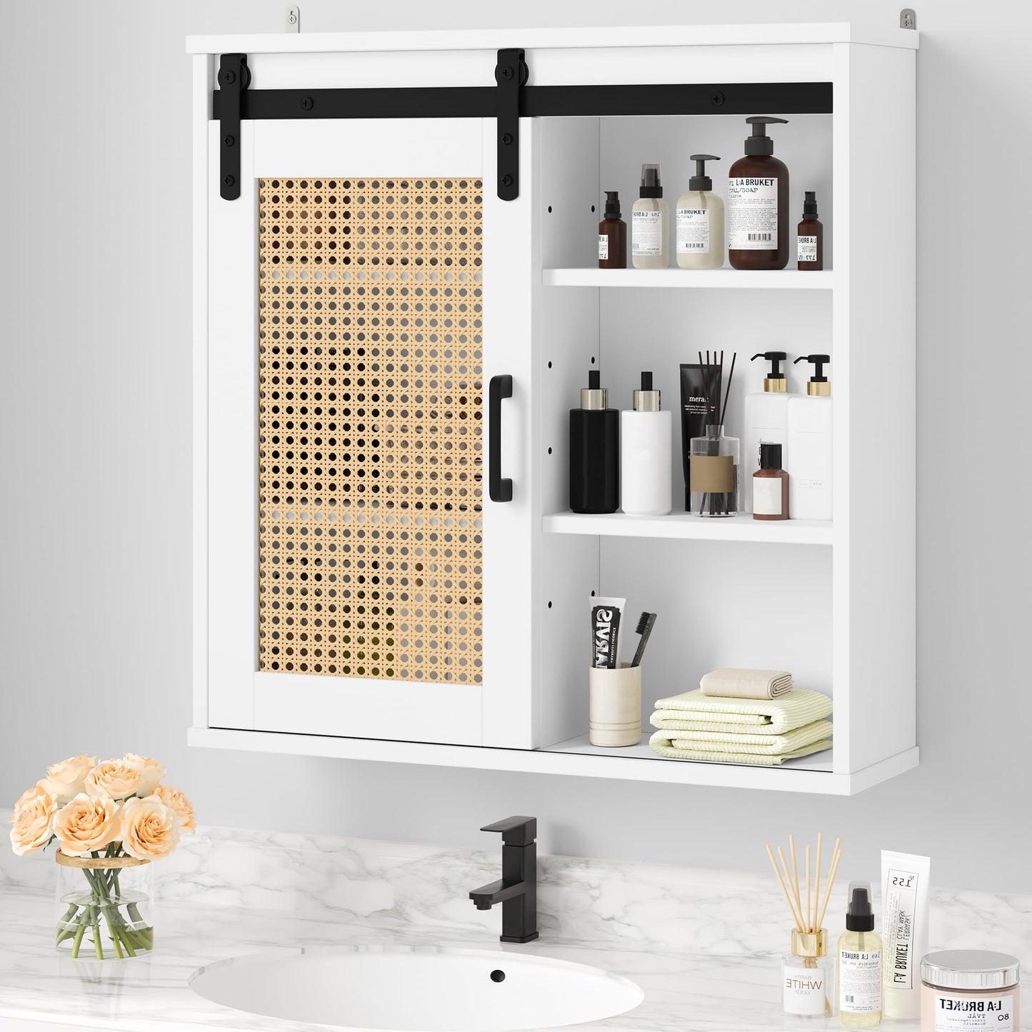 YITAHOME Bathroom Cabinet Wall Cabinet, Rattan Wall Cabinet, Towel Cabinet for Storage Over the Toilet, Wood Wall Storage Bathroom Cabinet with Sliding Barn Door and Adjustable Shelf, Floating Cabinet