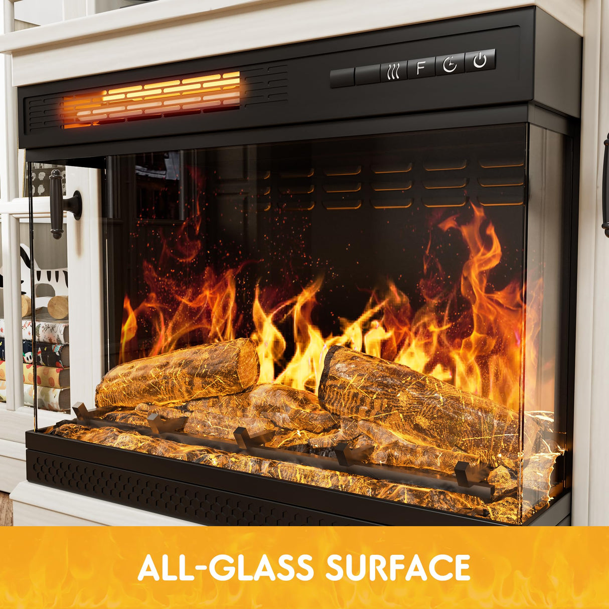 JUMMICO Fireplace TV Stand for TVs up to 65'', 3-Sided Glass Media Entertainment Center Console Table with Cabniet Storage Adjustable Flame LED Color for Living Room (Distressed White) JUMMICO