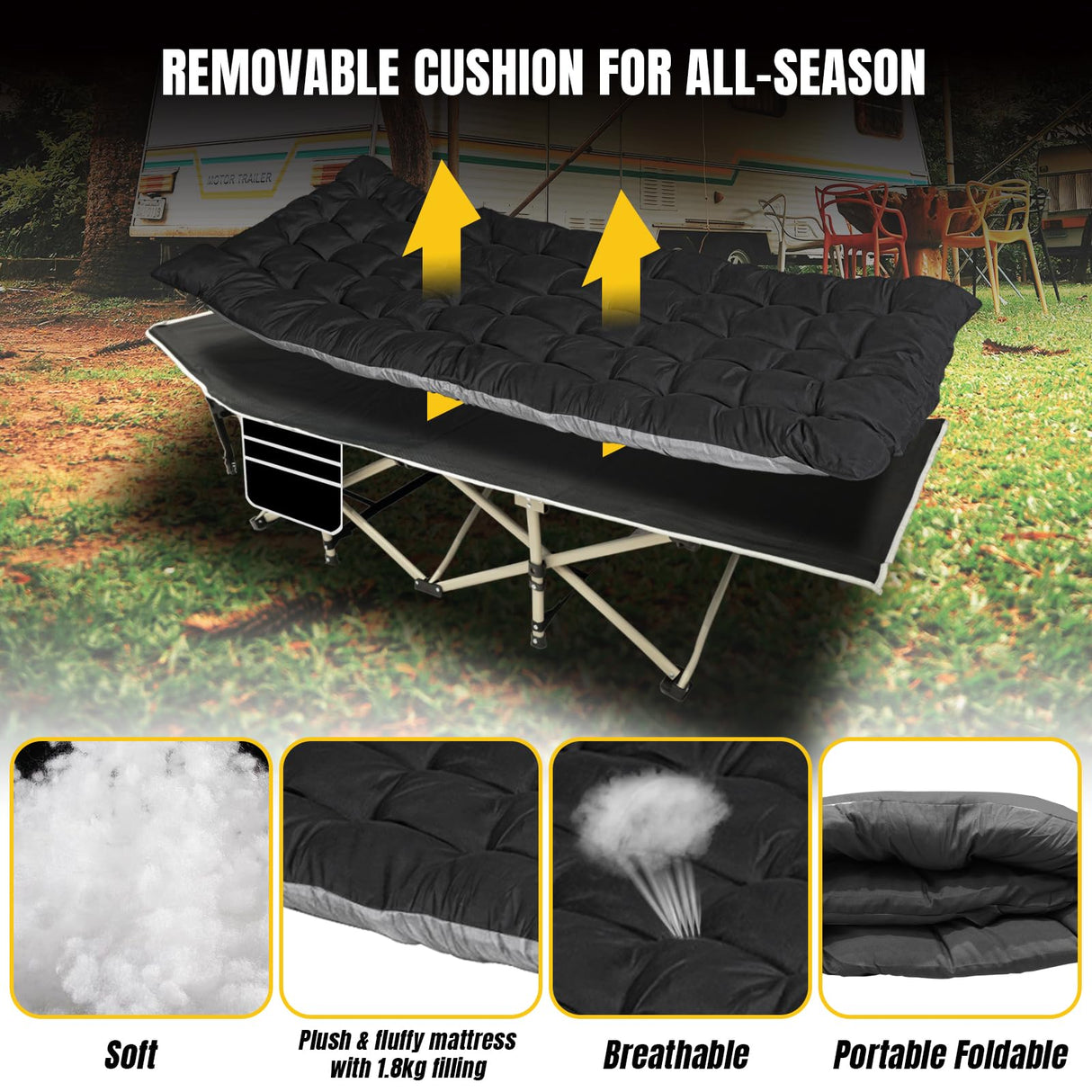 YELLOW JACKET Folding Camping Cot for Adults,600LBS Max Load,28" Wide Sleeping Cot with Removable Thick Mattress Portable Foldable Camping Bed with Carry Bag for Camp,Home,Office,Travel,Black YELLOW JACKET