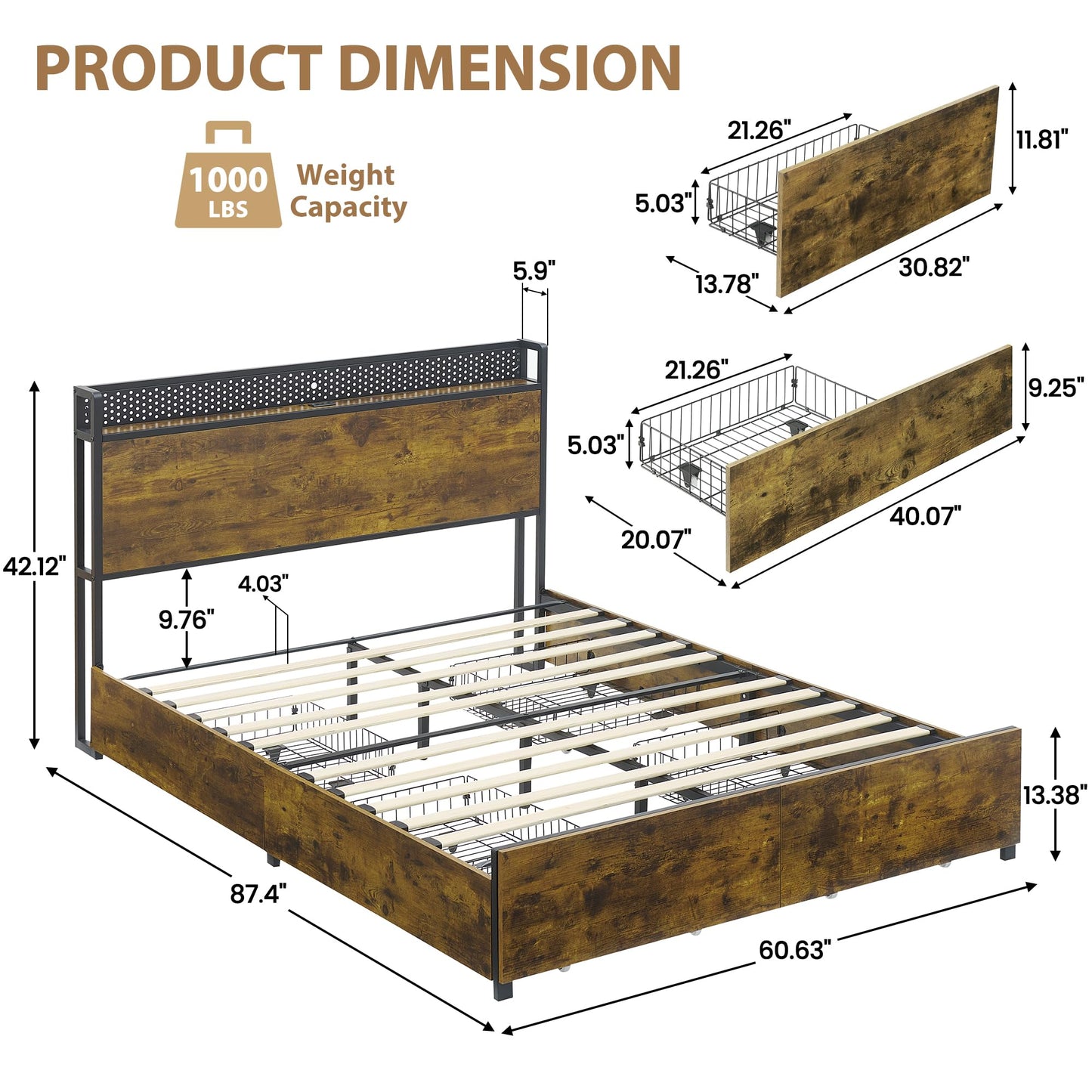 IDEALHOUSE Vintage Brown Queen Bed Frame with LED, Charging Station, and 6 Storage Drawers - WoodArtSupply