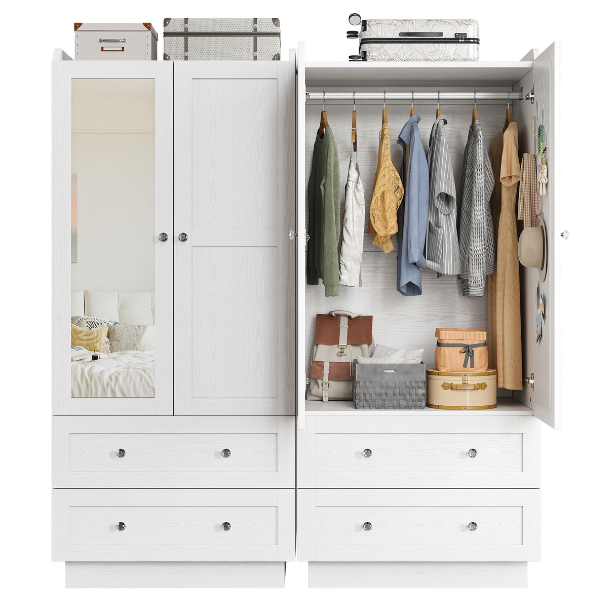 IRONCK Wardrobe Closet with LED Light & Mirror, Wooden Modern Armoire with 2 Drawers and Hanging Rod, Large Capacity Storage Closet for Bedroom, White IRONCK