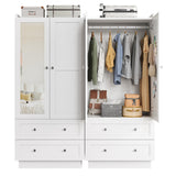 IRONCK Wardrobe Closet with LED Light & Mirror, Wooden Modern Armoire with 2 Drawers and Hanging Rod, Large Capacity Storage Closet for Bedroom, White IRONCK
