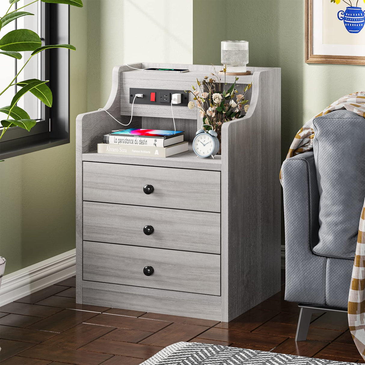 ADORNEVE Nightstand with Charging Station, Night Stand with Hutch & Storage Drawers, End Table Side Table Bedroom,Grey ADORNEVE