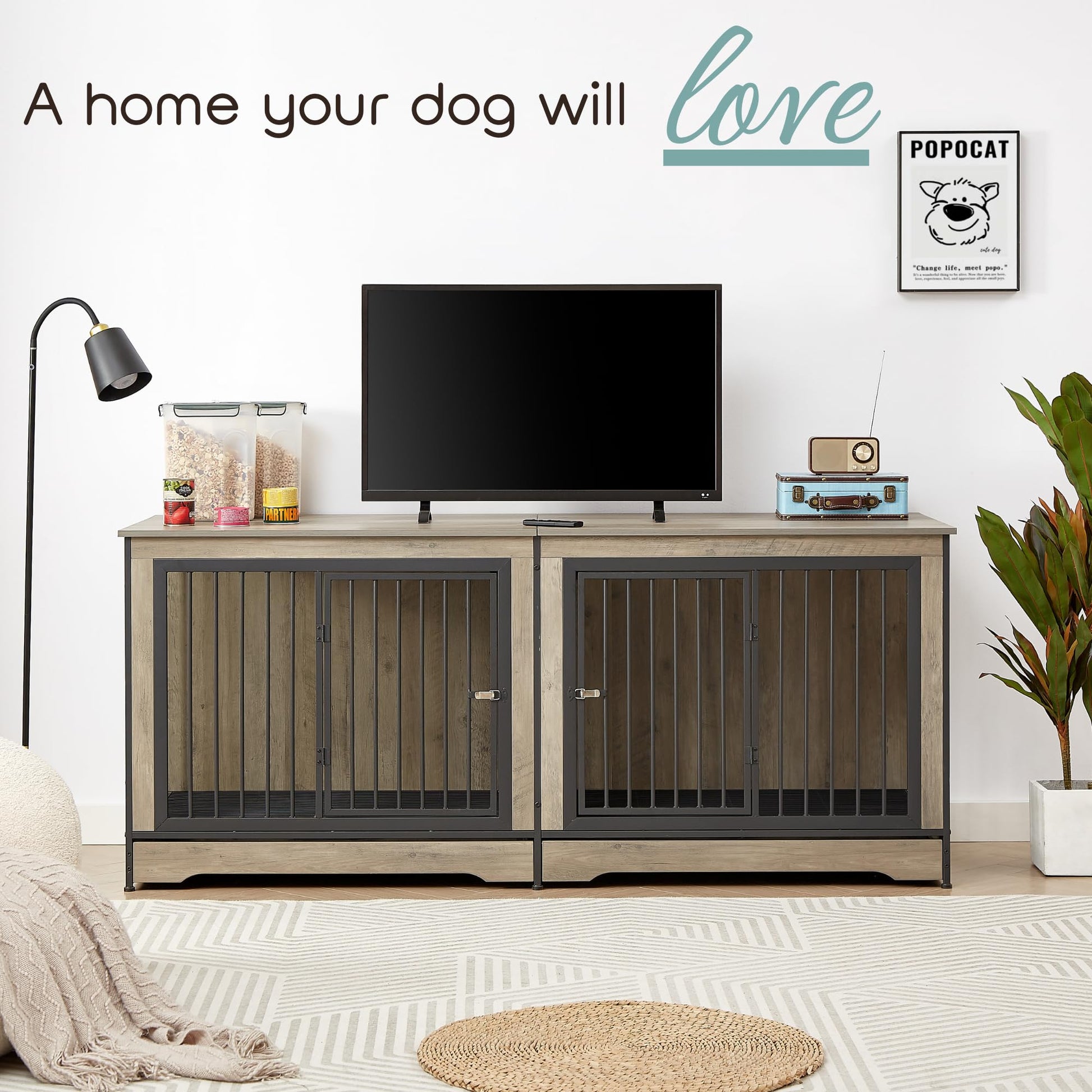 DOSSMBOLA 75'' Large Dog Crate Furniture for Large Dog or 2 Medium Dogs, Wooden Dog Kennel Dog Crate with Pull Out Tray and Removable Divider, TV Stand XXL Dog Cage - Gray - WoodArtSupply