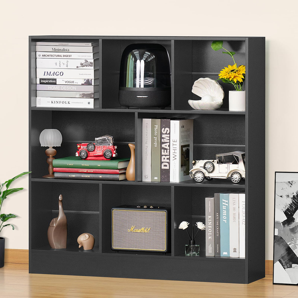 YAHARBO Modern Black 3-Tier Wide Bookshelf with 8 Cubes for Versatile Storage and Display YAHARBO
