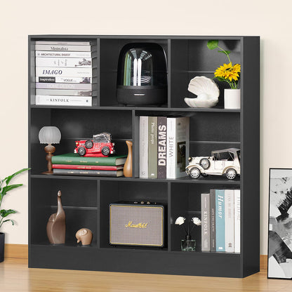 YAHARBO Modern Black 3-Tier Wide Bookshelf with 8 Cubes for Versatile Storage and Display