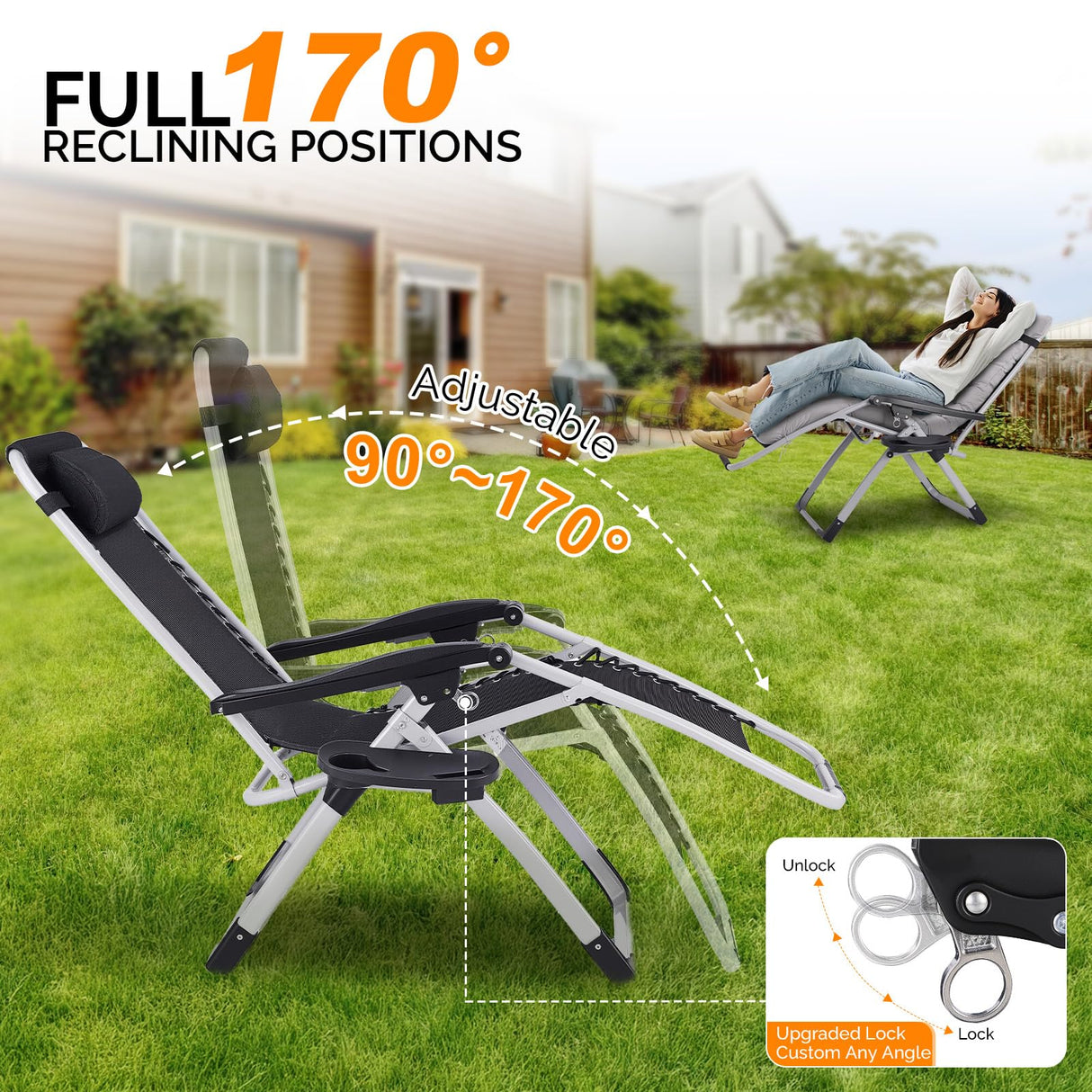VINGLI Padded Zero Gravity Chair, Lounge Chair with Removable Cushion & Tray， Folding Reclining Patio Chairs， Recliner Chair for Lawn，Indoor and Outdoor VINGLI