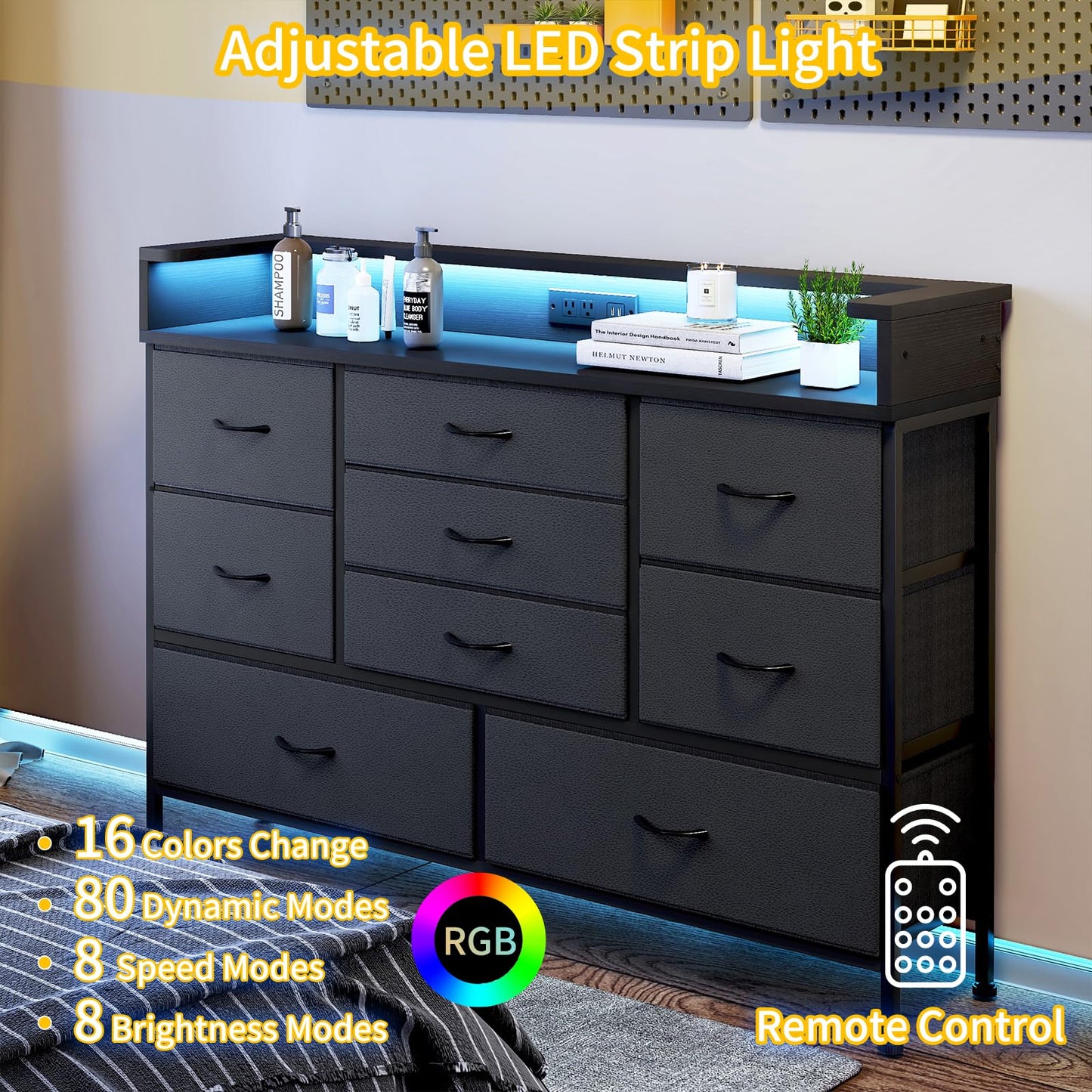 Fixwal Black LED Dresser for Bedroom, Dresser with 9 Drawers and Charging Station, Fabric Chest of Drawers with PU Finish for Nursery, Entryway, Living Room, Hallway - WoodArtSupply