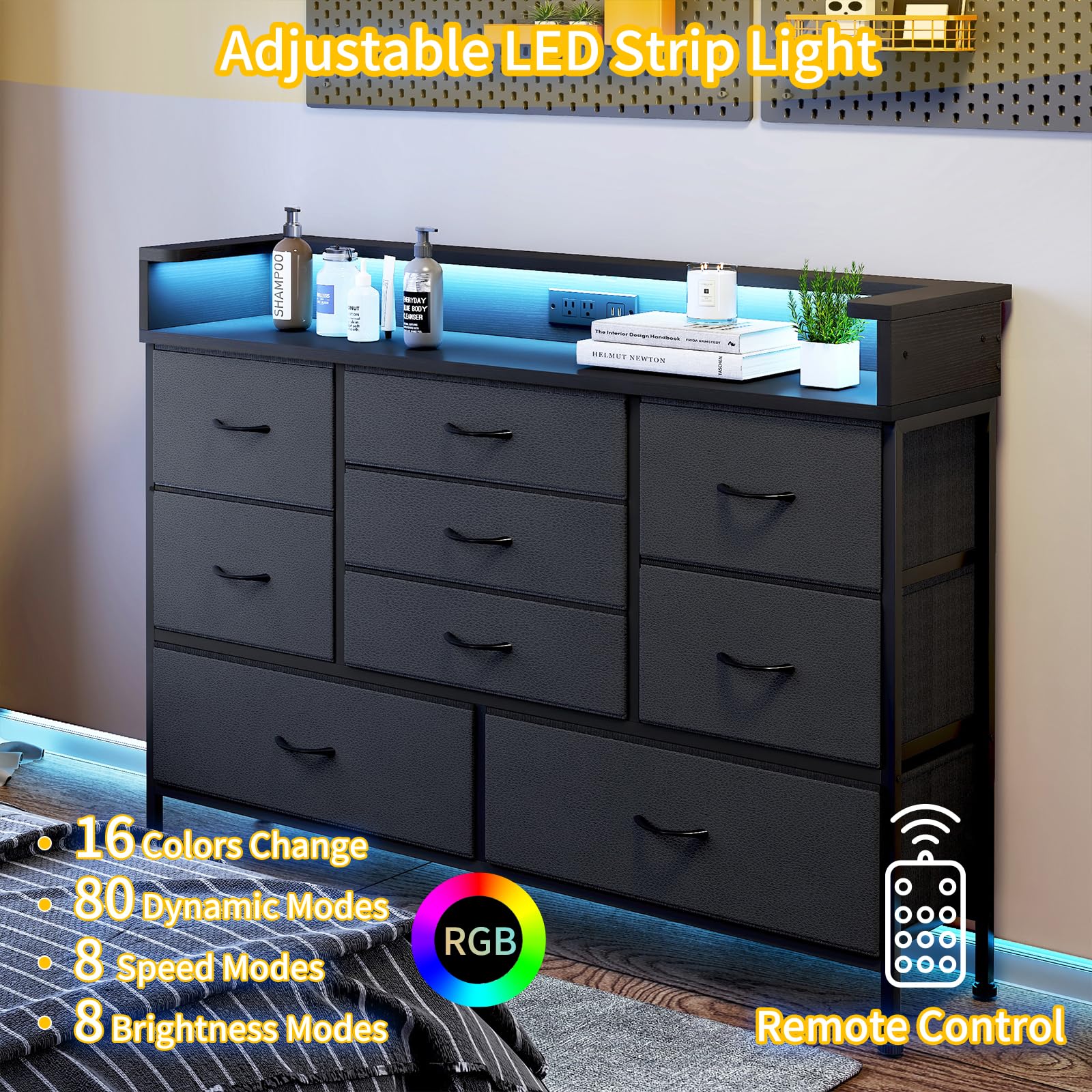 Fixwal Black LED Dresser for Bedroom, Dresser with 9 Drawers and Charging Station, Fabric Chest of Drawers with PU Finish for Nursery, Entryway, Living Room, Hallway - WoodArtSupply