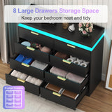 UNIQUITE 8 Drawer Dresser for Bedroom, Black Dresser with LED Lights and Power Outlet, Wooden Dressers Chests of Drawers, Double Wide Dressers for Bedroom, Entryway, Hallway UNIQUITE