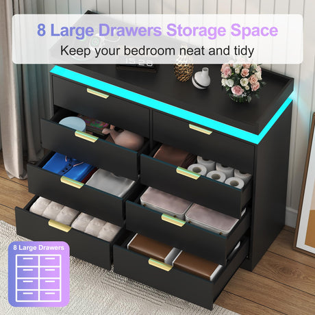 UNIQUITE 8 Drawer Dresser for Bedroom, Black Dresser with LED Lights and Power Outlet, Wooden Dressers Chests of Drawers, Double Wide Dressers for Bedroom, Entryway, Hallway UNIQUITE