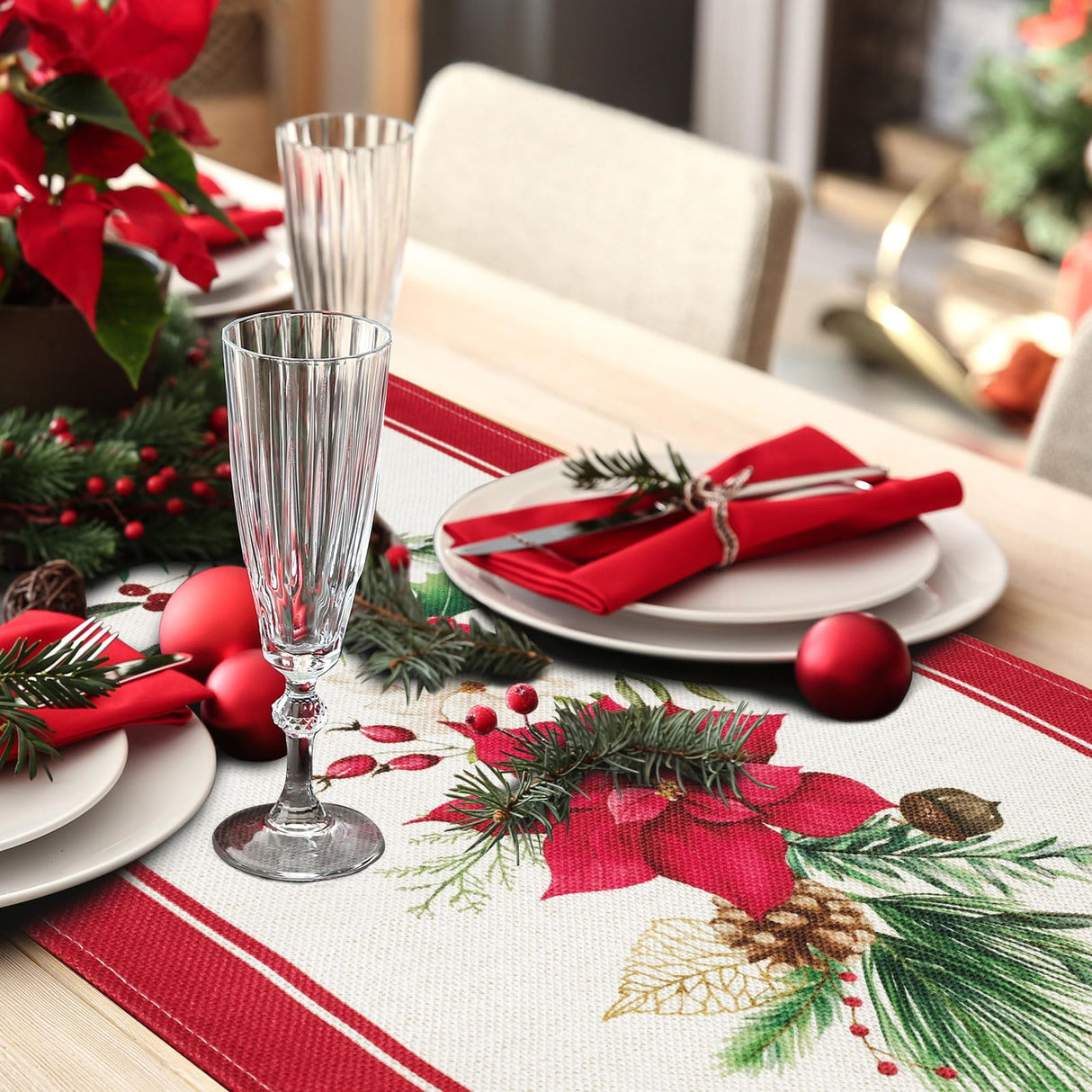 Bonhause Christmas Poinsettia Table Runner 13x72 Inch Red Floral Pine Branch Seasonal Winter Holiday Kitchen Dining Table Decoration for Indoor Outdoor Home Party Decor Bonhause