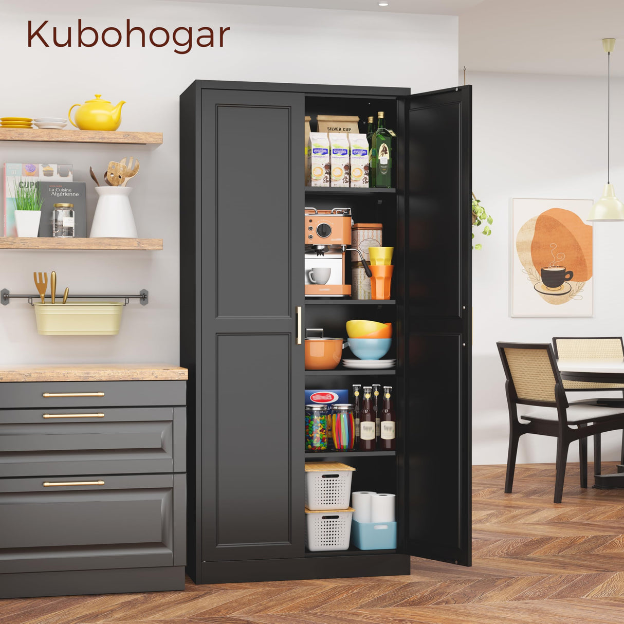 Kubohogar 71" Tall Metal Pantry Cabinet, Black Kitchen Pantry Storage Cabinet with 4 Adjustable Shelves and Gold Handles, Cupboard for Kitchen, Dining Room, Living Room, Bathroom Kubohogar