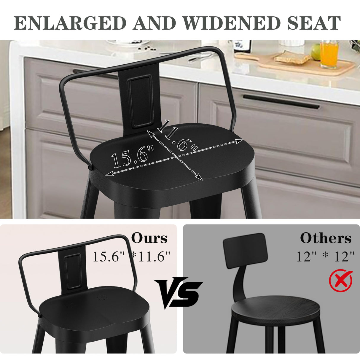 ALISH 24 Inch Bar Stools Set of 4, Industrial Metal Barstools Farmhouse Bar Chairs with Large Seat for Kitchen Island (24 Inch, Black) ALISH